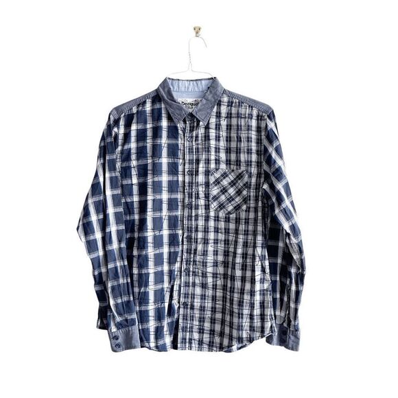 Desigual Mens Long Sleeve Button-Down Shirt Plaid Geometric Blue White Large - Picture 1 of 7